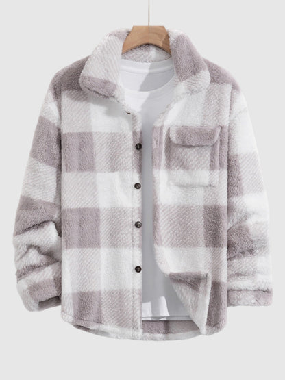 Men's Classic Plaid Fluffy Faux Fur Single Pocket Button Lapel Jacket