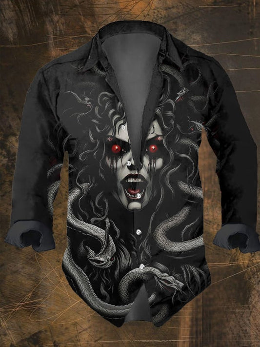 Men's Vintage Dark Skull Print Long Sleeve Shirt