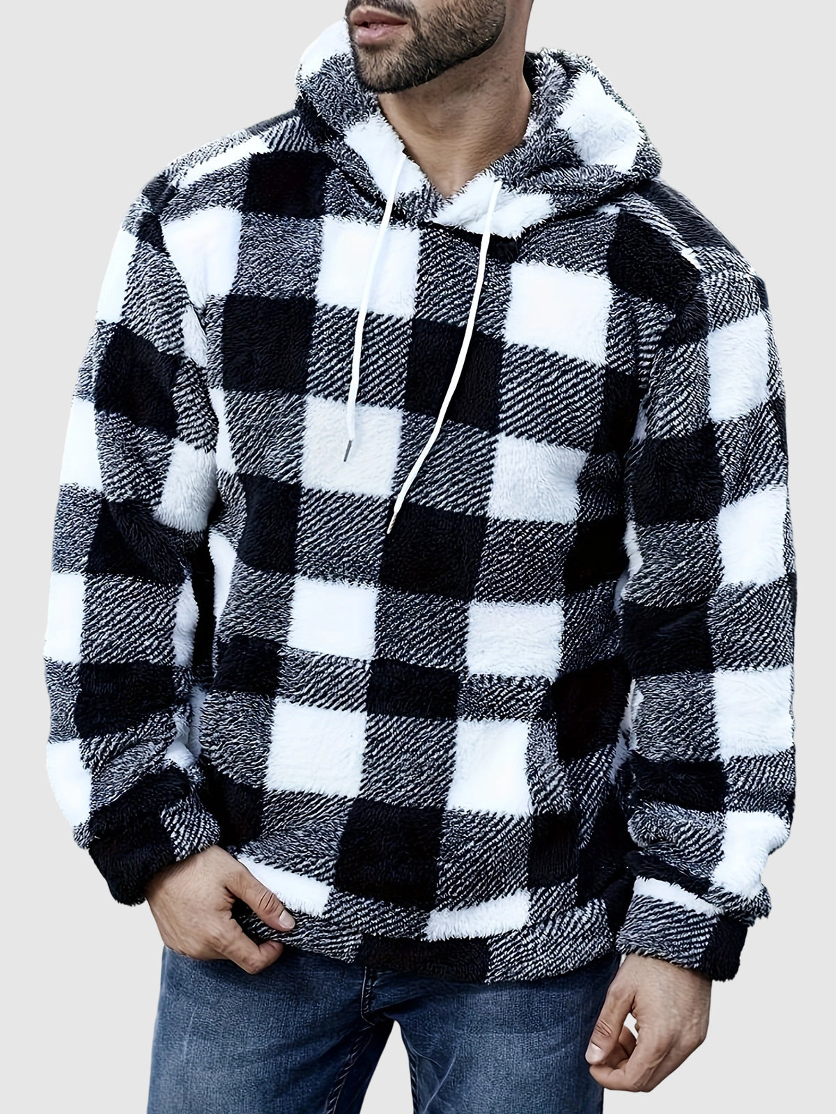 Men's Plaid Casual Fashion Fluffy Fleece Hoodie