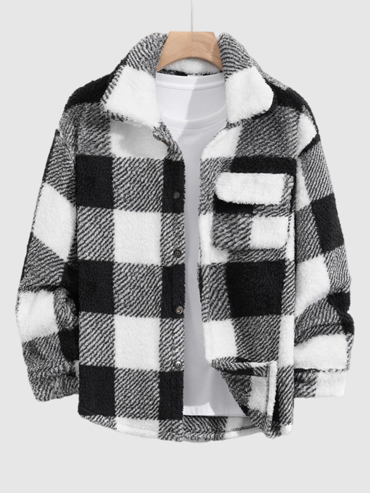 Men's Classic Plaid Fluffy Faux Fur Single Pocket Button Lapel Jacket