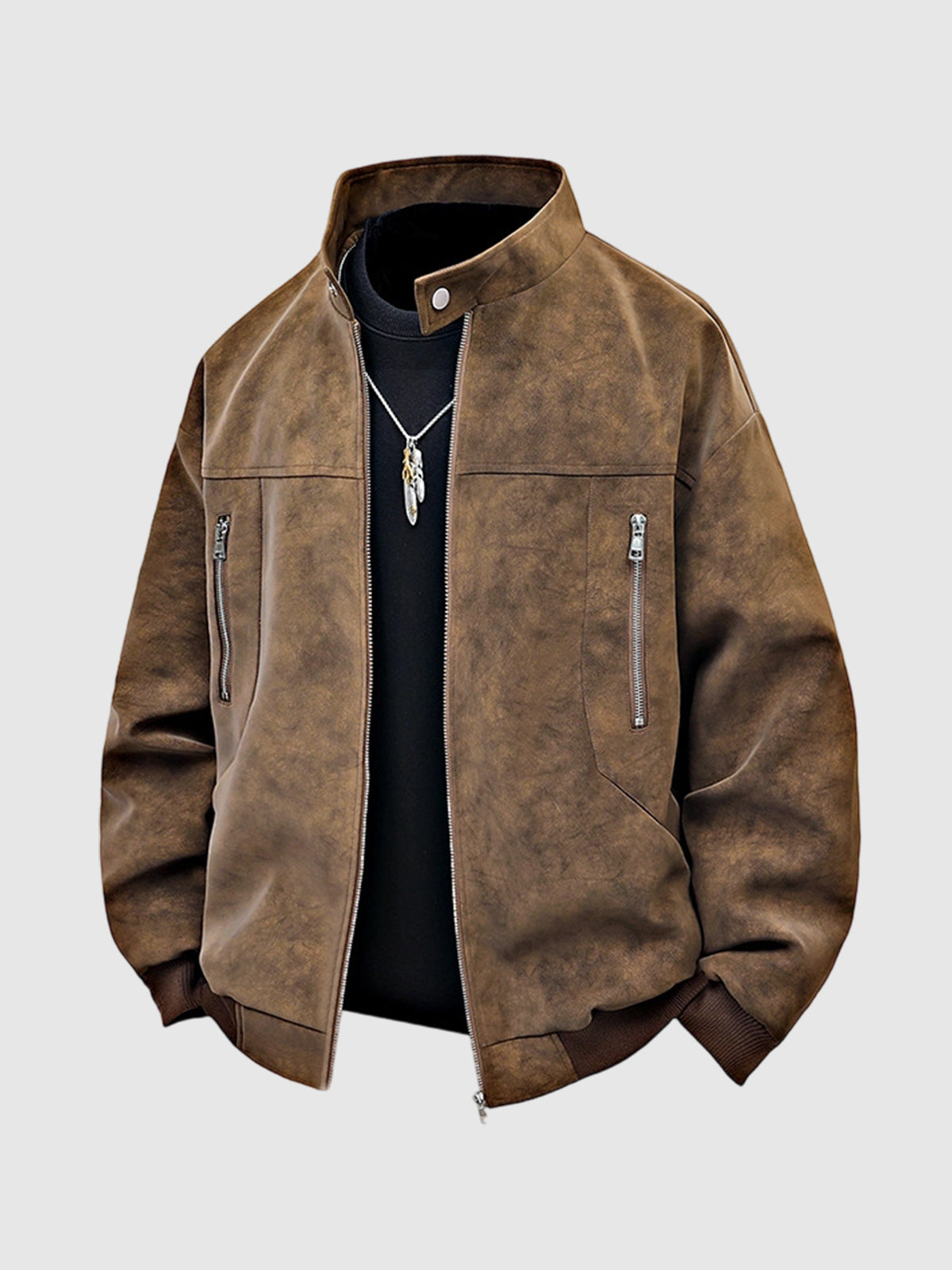 Men's tie-dye PU leather jacket with a stand-up collar and a vintage, loose-fitting casual jacket