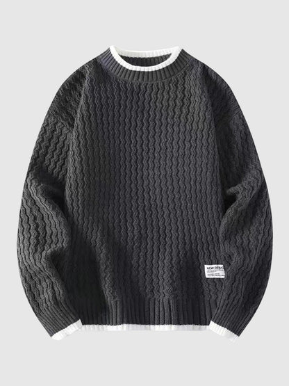 Men's Ribbed Round Neck Long Sleeve Versatile Fake Two-Piece Sweater
