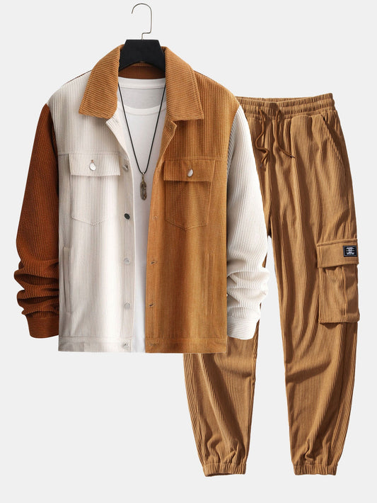 Color Block Corduroy Jacket & Drawstring Corduroy Cargo Jogger Pants