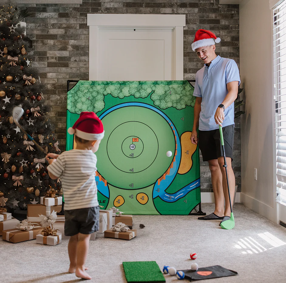 Battle Golf Game - Dual-Sided Mat, Realistic Course Design & Scoring System, Adjustable Height Clubs - Thick Grass-Like Chipping Mat for Indoor/Outdoor Family Golf Activity