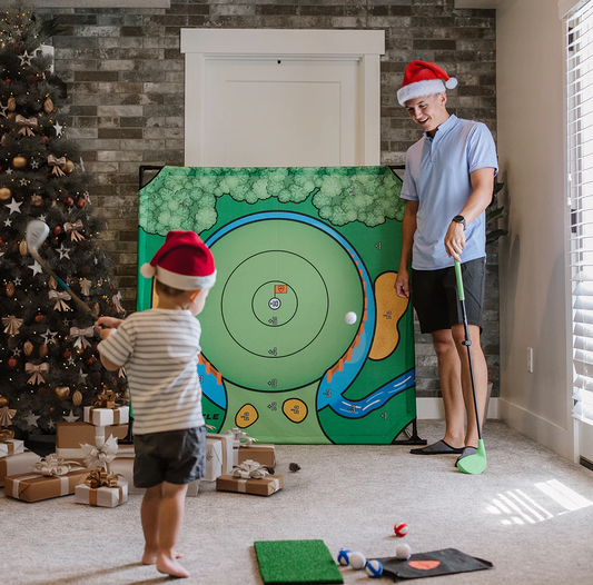 Battle Golf Game - Dual-Sided Mat, Realistic Course Design & Scoring System, Adjustable Height Clubs - Thick Grass-Like Chipping Mat for Indoor/Outdoor Family Golf Activity