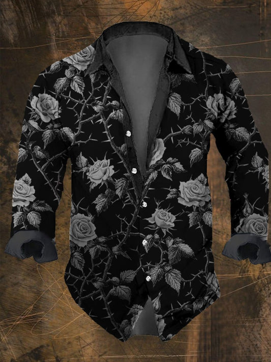 Langarmhemd mit Vintage-Thorn-Rosen-Print für Herren 
