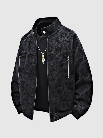 Men's tie-dye PU leather jacket with a stand-up collar and a vintage, loose-fitting casual jacket