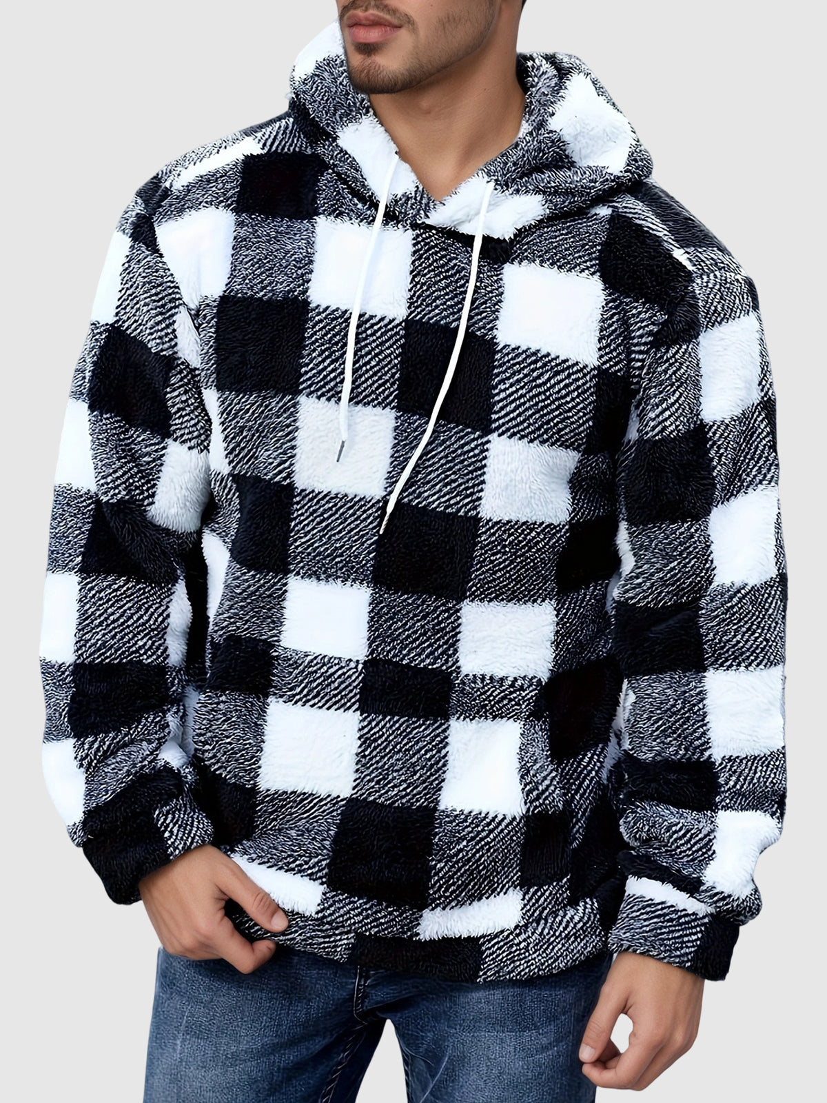 Men's Plaid Casual Fashion Fluffy Fleece Hoodie