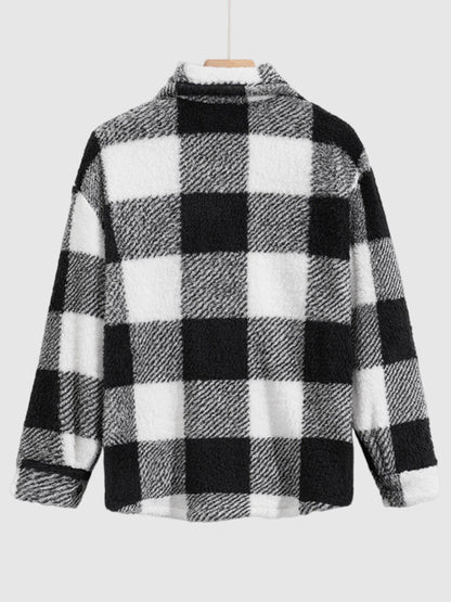 Men's Classic Plaid Fluffy Faux Fur Single Pocket Button Lapel Jacket