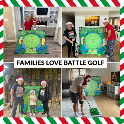Battle Golf Game - Dual-Sided Mat, Realistic Course Design & Scoring System, Adjustable Height Clubs - Thick Grass-Like Chipping Mat for Indoor/Outdoor Family Golf Activity