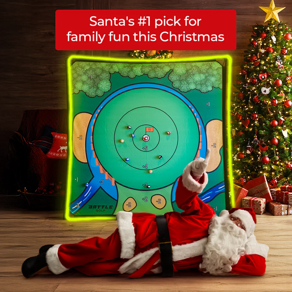 Battle Golf Game - Dual-Sided Mat, Realistic Course Design & Scoring System, Adjustable Height Clubs - Thick Grass-Like Chipping Mat for Indoor/Outdoor Family Golf Activity