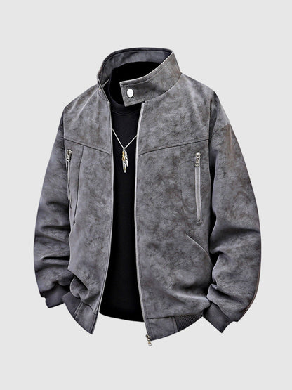 Men's tie-dye PU leather jacket with a stand-up collar and a vintage, loose-fitting casual jacket