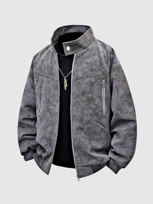 Men's tie-dye PU leather jacket with a stand-up collar and a vintage, loose-fitting casual jacket