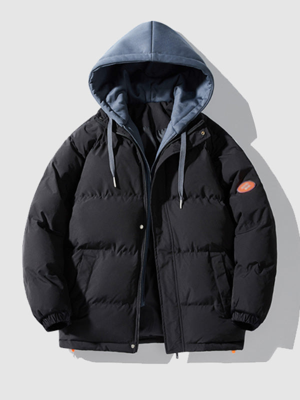 Men's hooded windproof warm fleece thickened fake 2-piece casual cotton puffer jacket