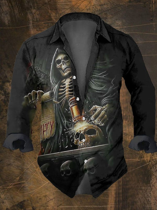 Men's Vintage Dark Skull Print Long Sleeve Shirt