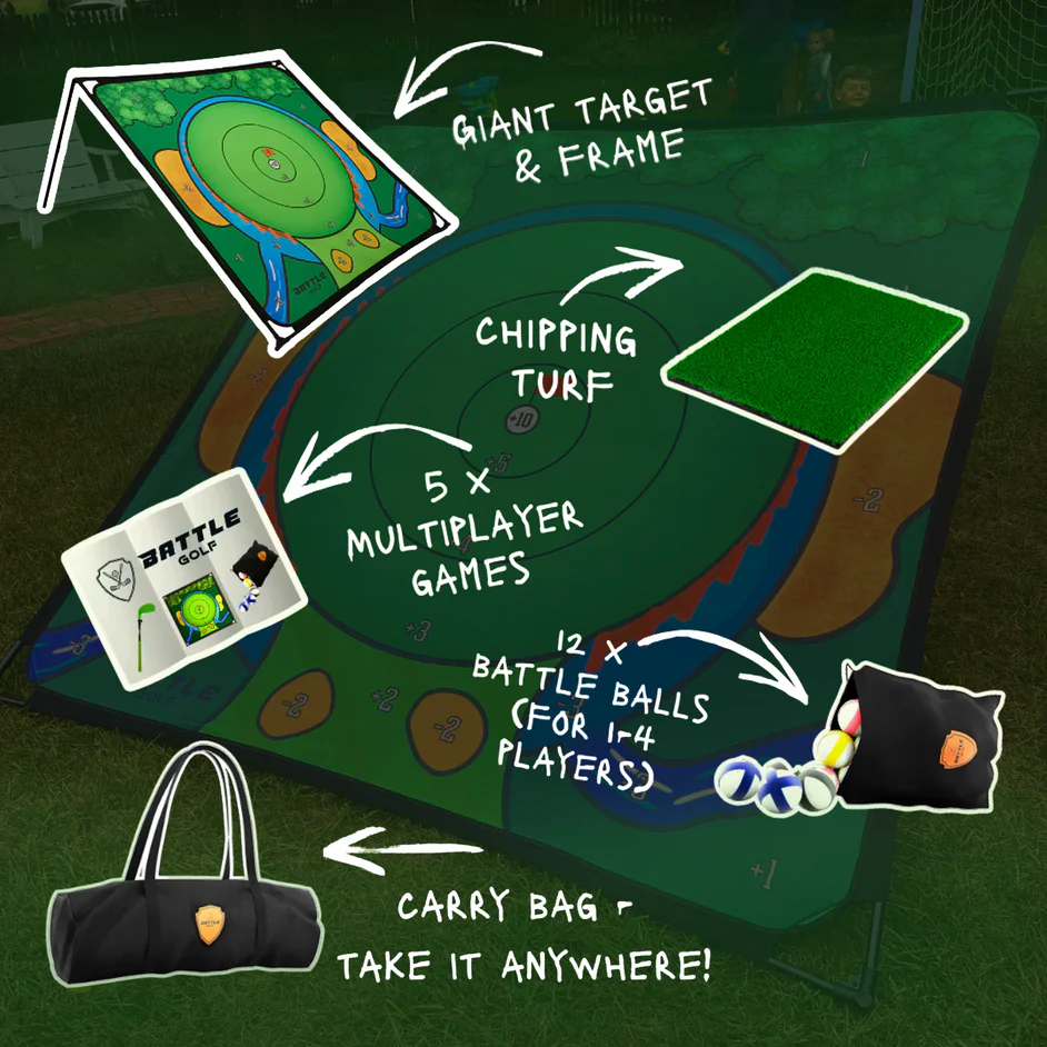Battle Golf Game - Dual-Sided Mat, Realistic Course Design & Scoring System, Adjustable Height Clubs - Thick Grass-Like Chipping Mat for Indoor/Outdoor Family Golf Activity