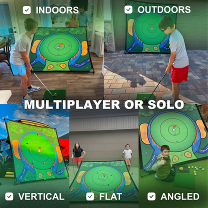 Battle Golf Game - Dual-Sided Mat, Realistic Course Design & Scoring System, Adjustable Height Clubs - Thick Grass-Like Chipping Mat for Indoor/Outdoor Family Golf Activity