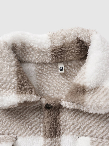 Men's Classic Plaid Fluffy Faux Fur Single Pocket Button Lapel Jacket