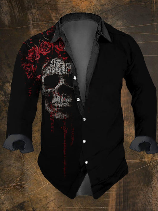 Langarmhemd für Herren im Vintage-Stil mit Totenkopf- und Rosen-Print 