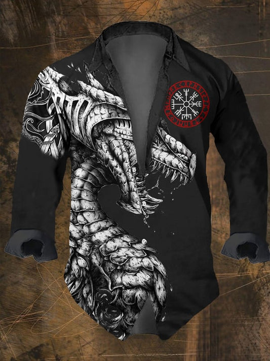 Herren-Langarmhemd mit Revers und Vintage-Wikinger-Print 