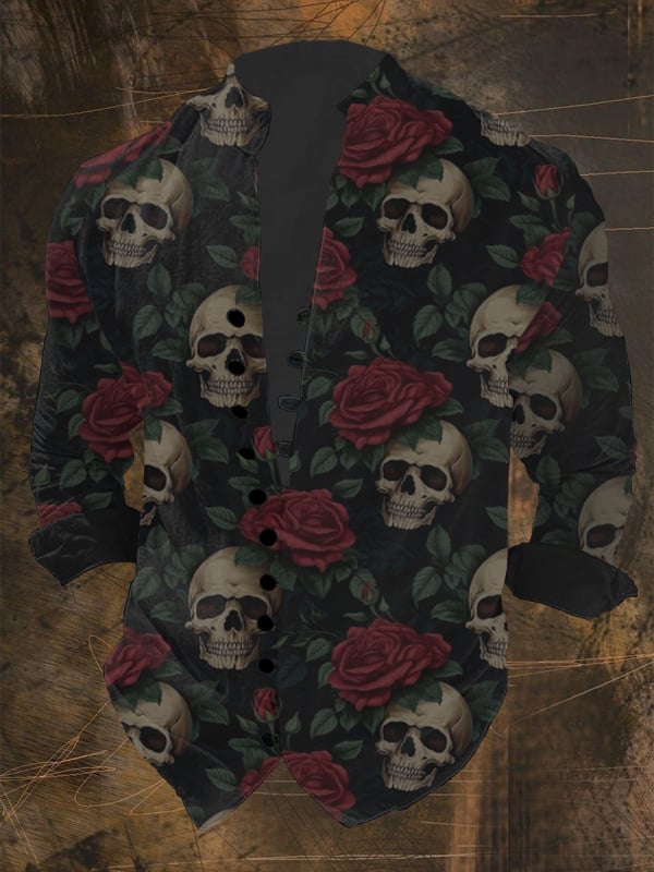 Herrenhemd mit Vintage-Totenkopf-Print und mehreren Knöpfen 