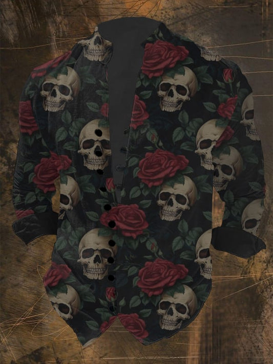 Herrenhemd mit Vintage-Totenkopf-Print und mehreren Knöpfen 