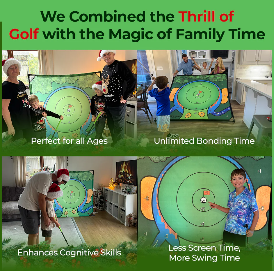 Battle Golf Game - Dual-Sided Mat, Realistic Course Design & Scoring System, Adjustable Height Clubs - Thick Grass-Like Chipping Mat for Indoor/Outdoor Family Golf Activity