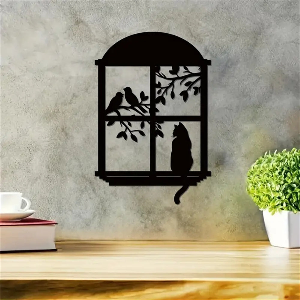 Cat and Bird On The Tree Window Metal Wall Art