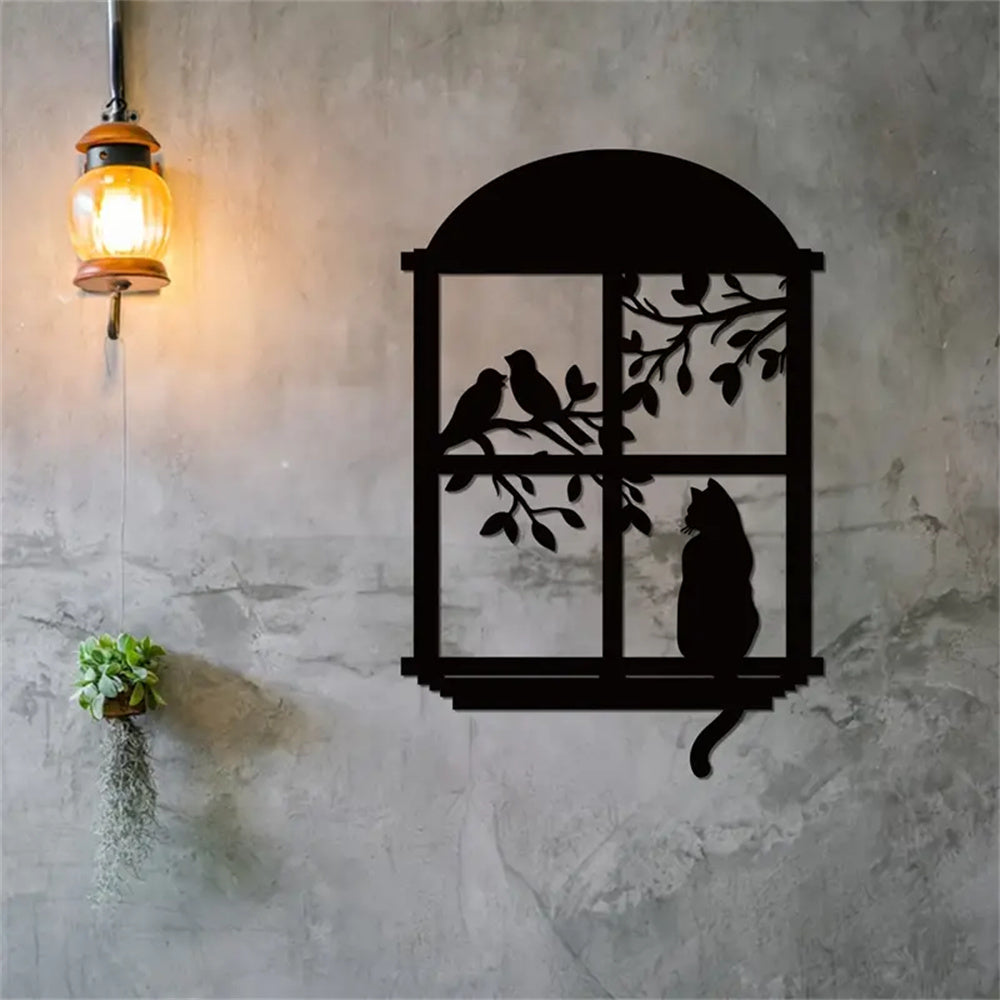 Cat and Bird On The Tree Window Metal Wall Art