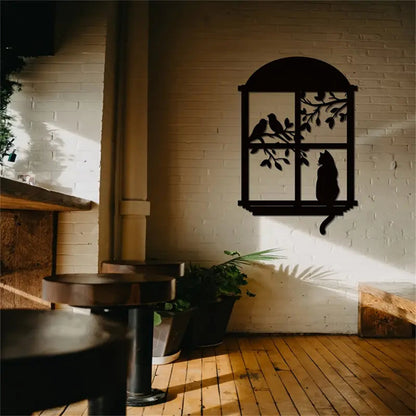 Cat and Bird On The Tree Window Metal Wall Art