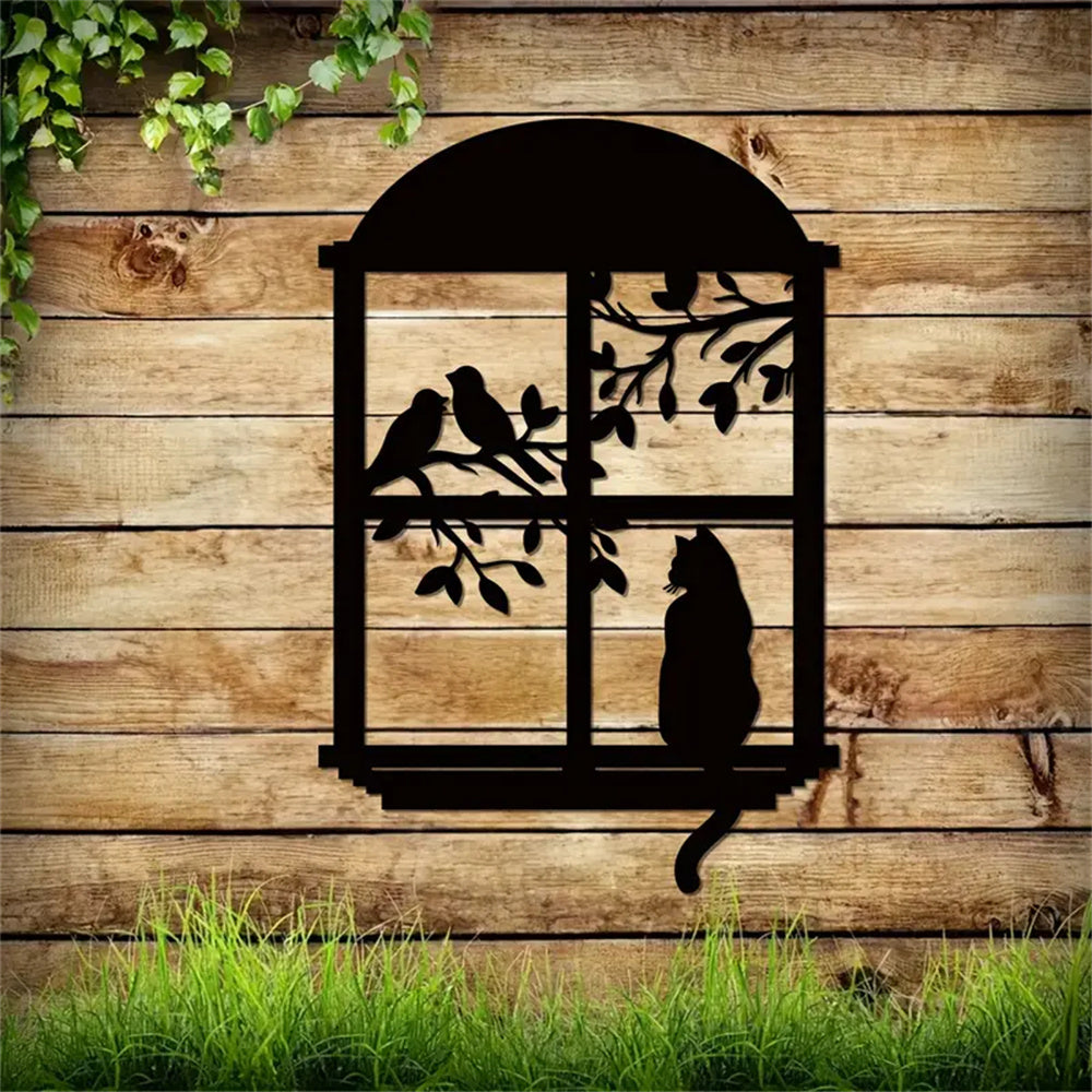 Cat and Bird On The Tree Window Metal Wall Art