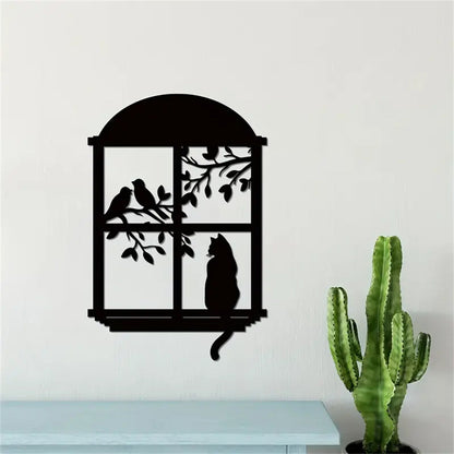 Cat and Bird On The Tree Window Metal Wall Art