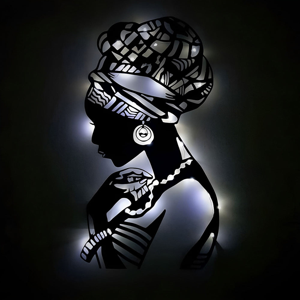 African Woman Metal Wall Art With Led Lights