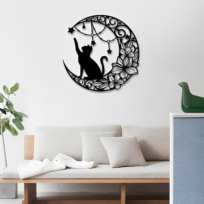 Cat Moon and Flower Metal Wall Art