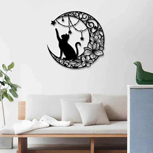 Cat Moon and Flower Metal Wall Art