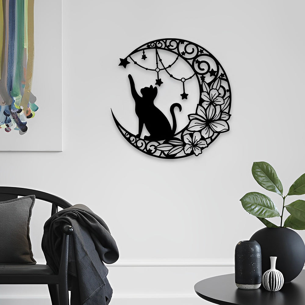 Cat Moon and Flower Metal Wall Art