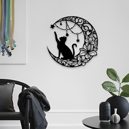 Cat Moon and Flower Metal Wall Art