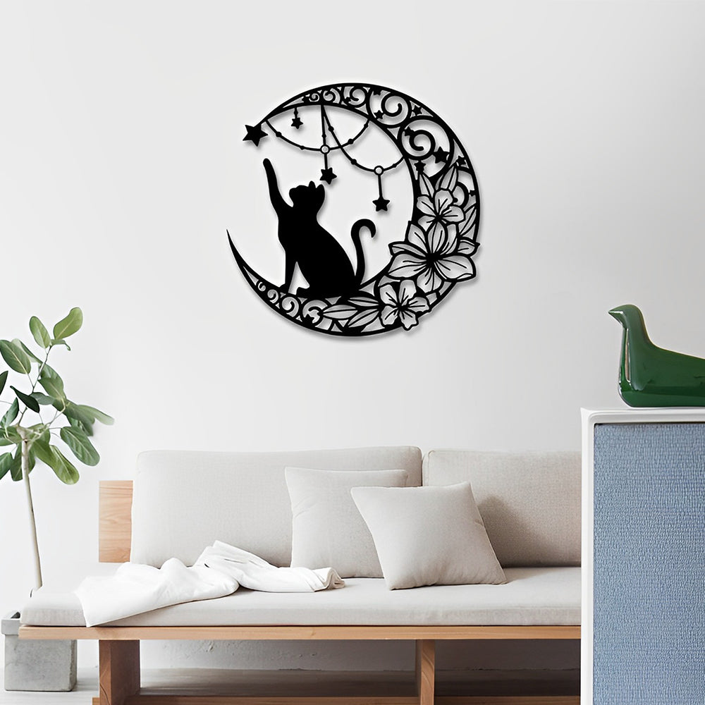 Cat Moon and Flower Metal Wall Art