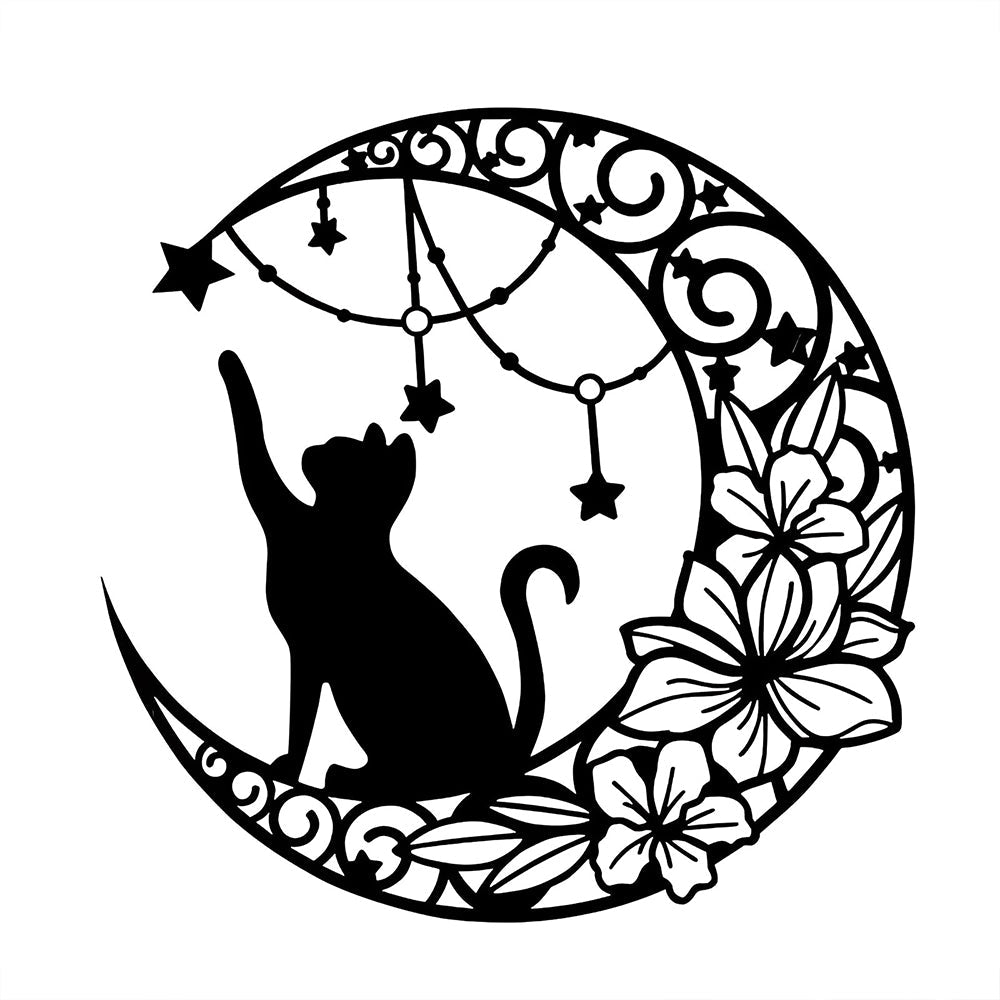 Cat Moon and Flower Metal Wall Art