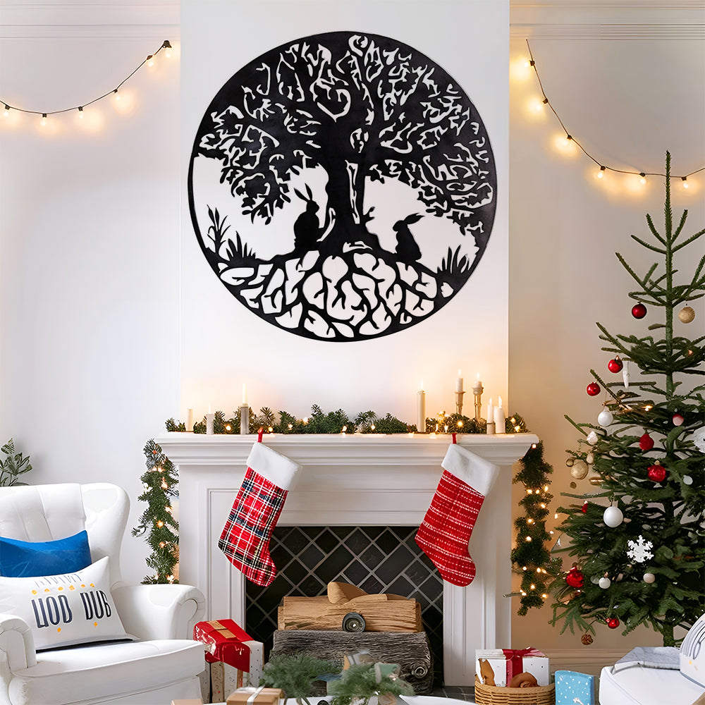 Two Rabbits and Tree of Life Metal Wall Art