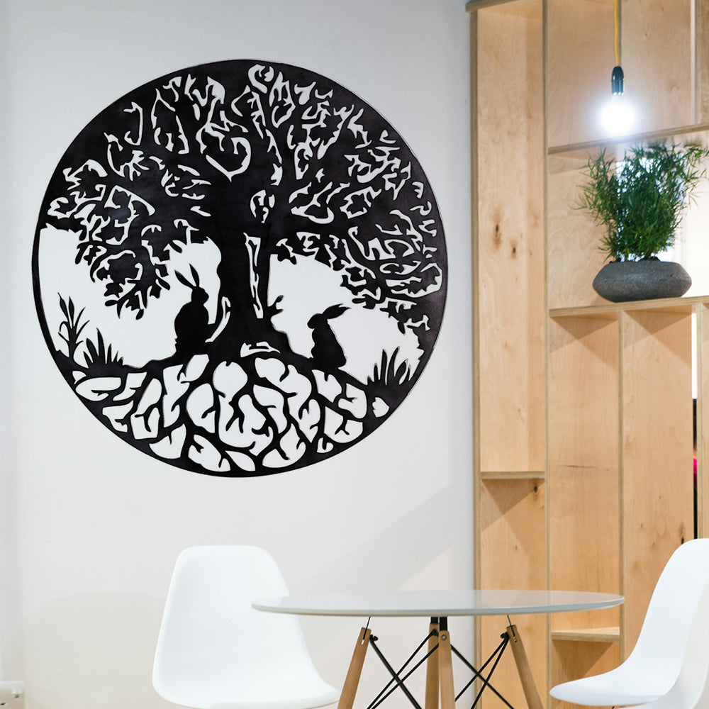 Two Rabbits and Tree of Life Metal Wall Art