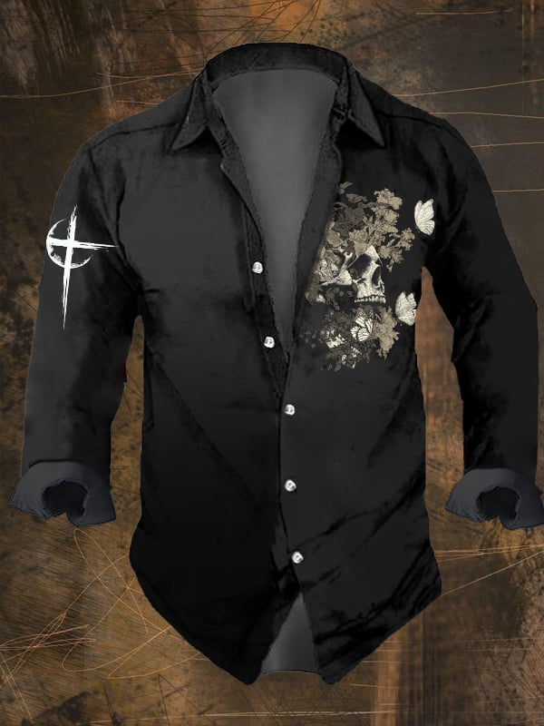 Men's Vintage Dark Skull Print Long Sleeve Shirt