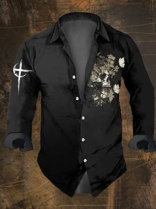 Men's Vintage Dark Skull Print Long Sleeve Shirt