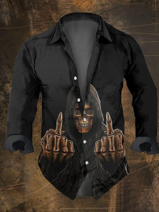 Men's Vintage Dark Skull Print Long Sleeve Shirt