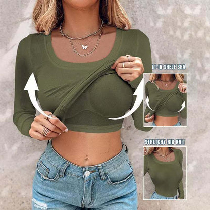 🔥Neck Built-in Bra Long Sleeve Ribbed Top Shirts Elegant Skinny Fit Fabric💥