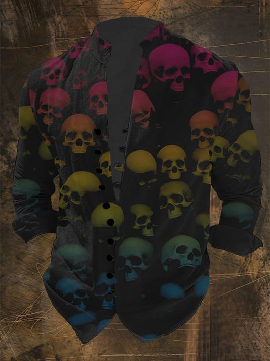Herrenhemd mit Vintage-Totenkopf-Print und mehreren Knöpfen 