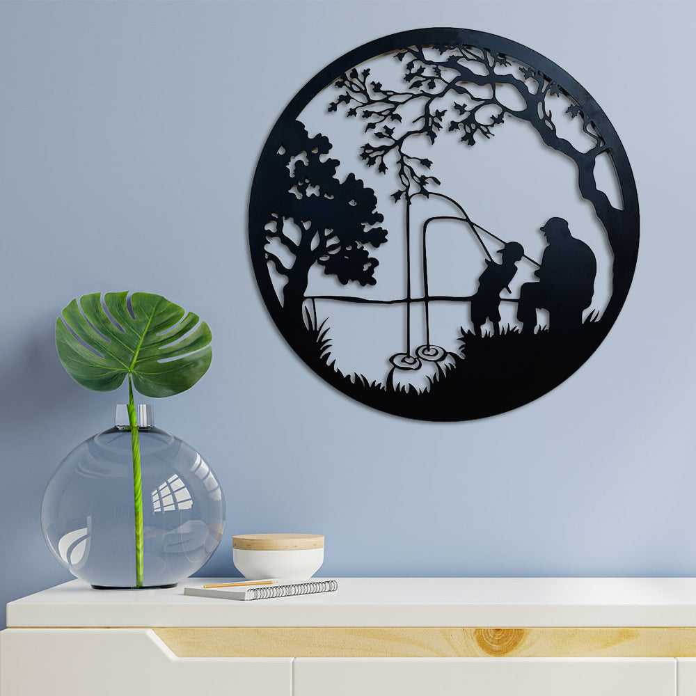 Father and Son Fishing Tree of Life Metal Wall Art Decoration