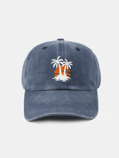 Klassische, lässige Baseballkappe aus gewaschener Baumwolle im Retro-Stil mit Kokosnussbaum-Sonnenuntergangsmuster 