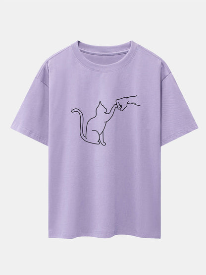 Fist Bump Cat Print Drop Shoulder Oversize T-Shirt