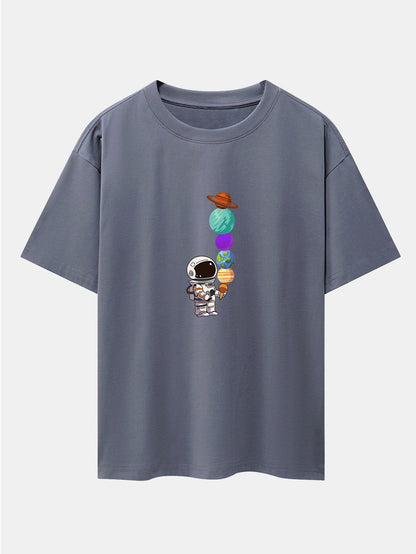 Oversize-T-Shirt mit überschnittener Schulter und Planet-Astronaut-Print